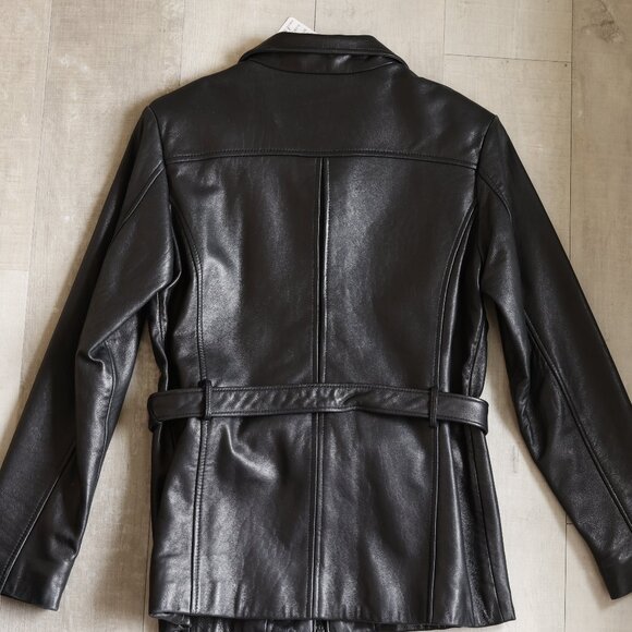 Girls Black Leather Belted Jacket Designer Andrew Marc Size Small NWT - Picture 2 of 6